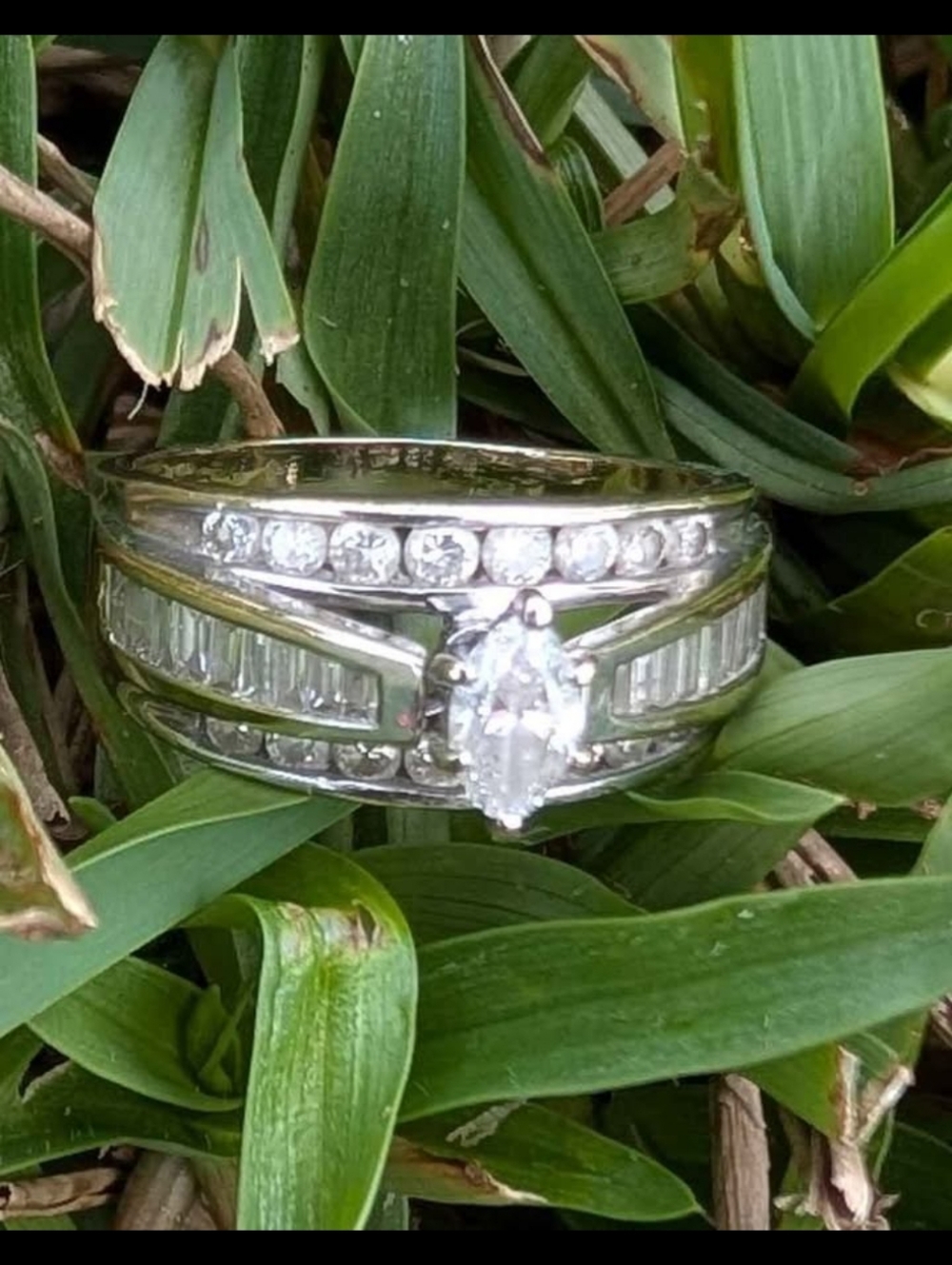 14Kt White Gold-Channel Settings-6 Prong, Marquise Cut Diamond Ring. Size 10